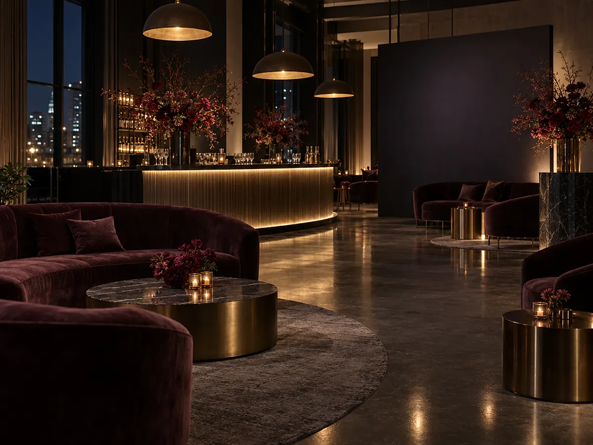 A moody lounge set for a brand activation, with plum velvet seating, brass tables and red florals